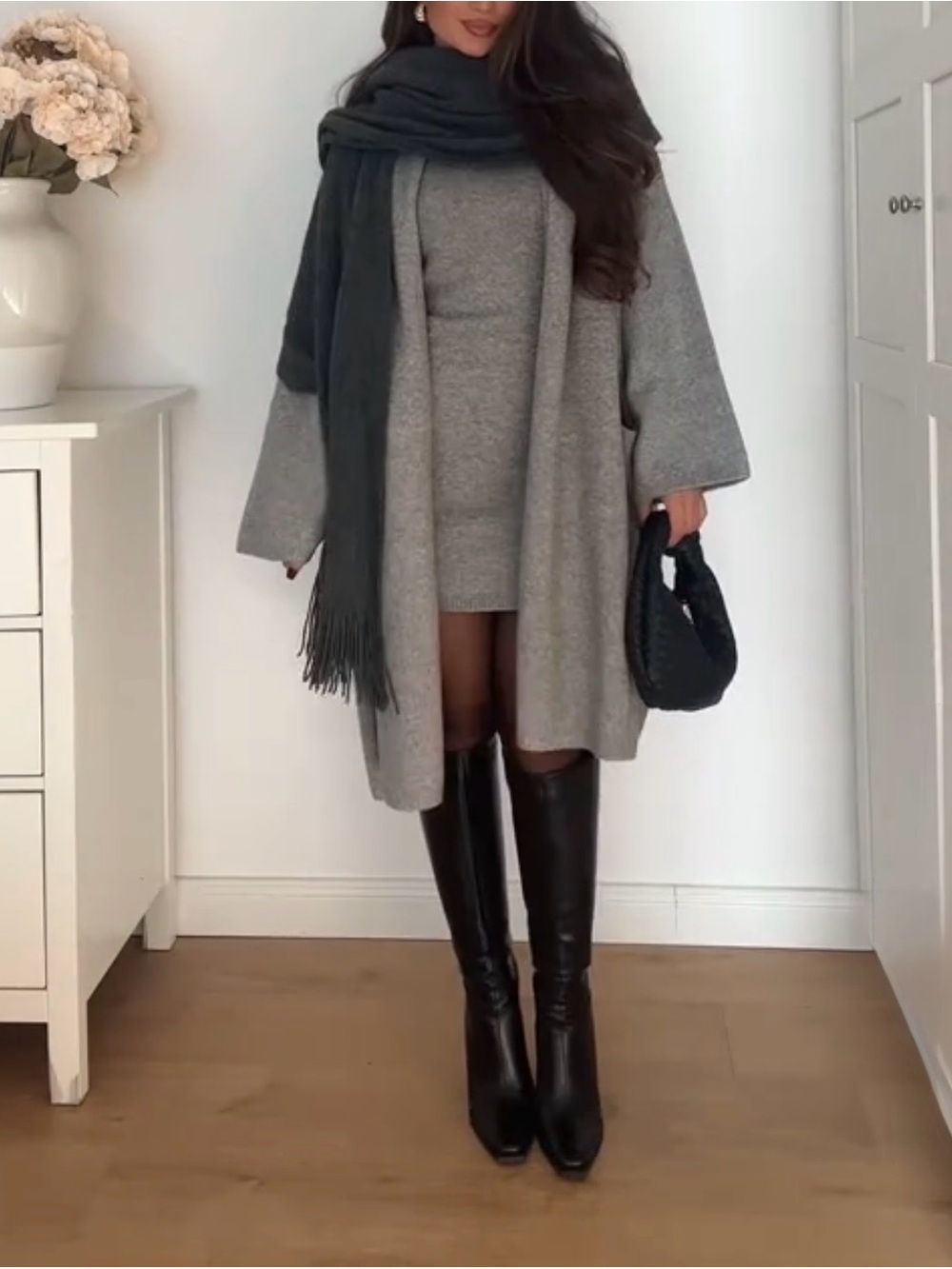 Zara Gray Knit Dress with Matching Long Cardigan